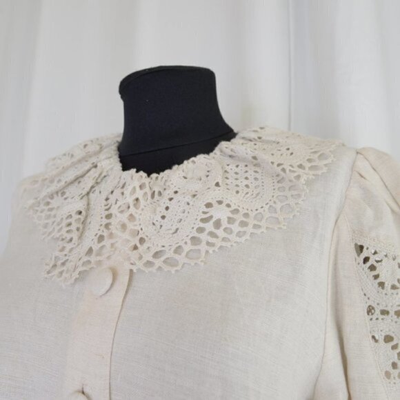Vintage 1970s Boho Crochet Bib Collar Linen Blouse Sz M - Picture 6 of 9